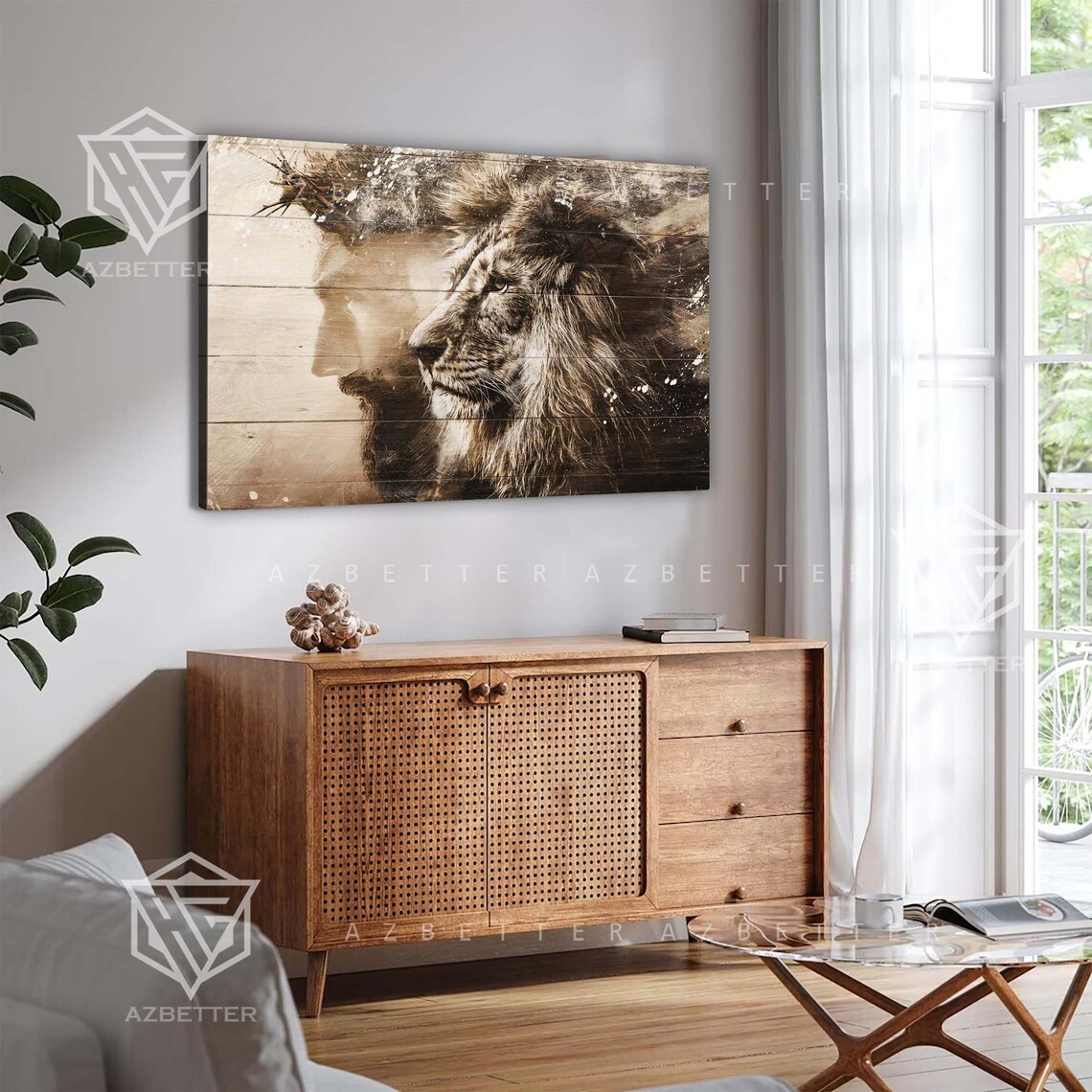 Lion Of Judah And Jesus Crown Of Thorns Sepia Faith Art Poster - Image 4