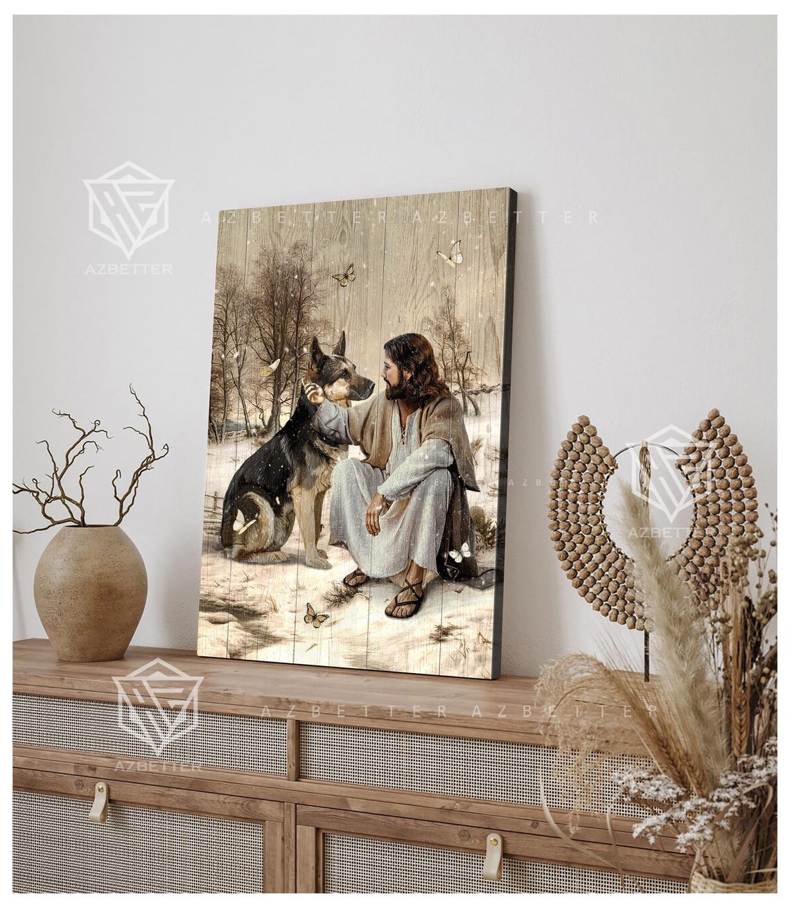 Jesus Sitting with German Shepherd in Winter Snow Butterflies Poster - Image 5