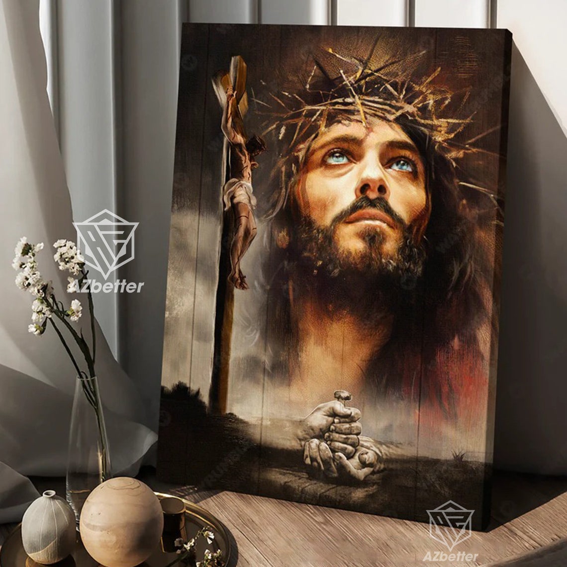 Jesus Portrait Crown Of Thorns Crucifixion Passion Art Poster - Image 4