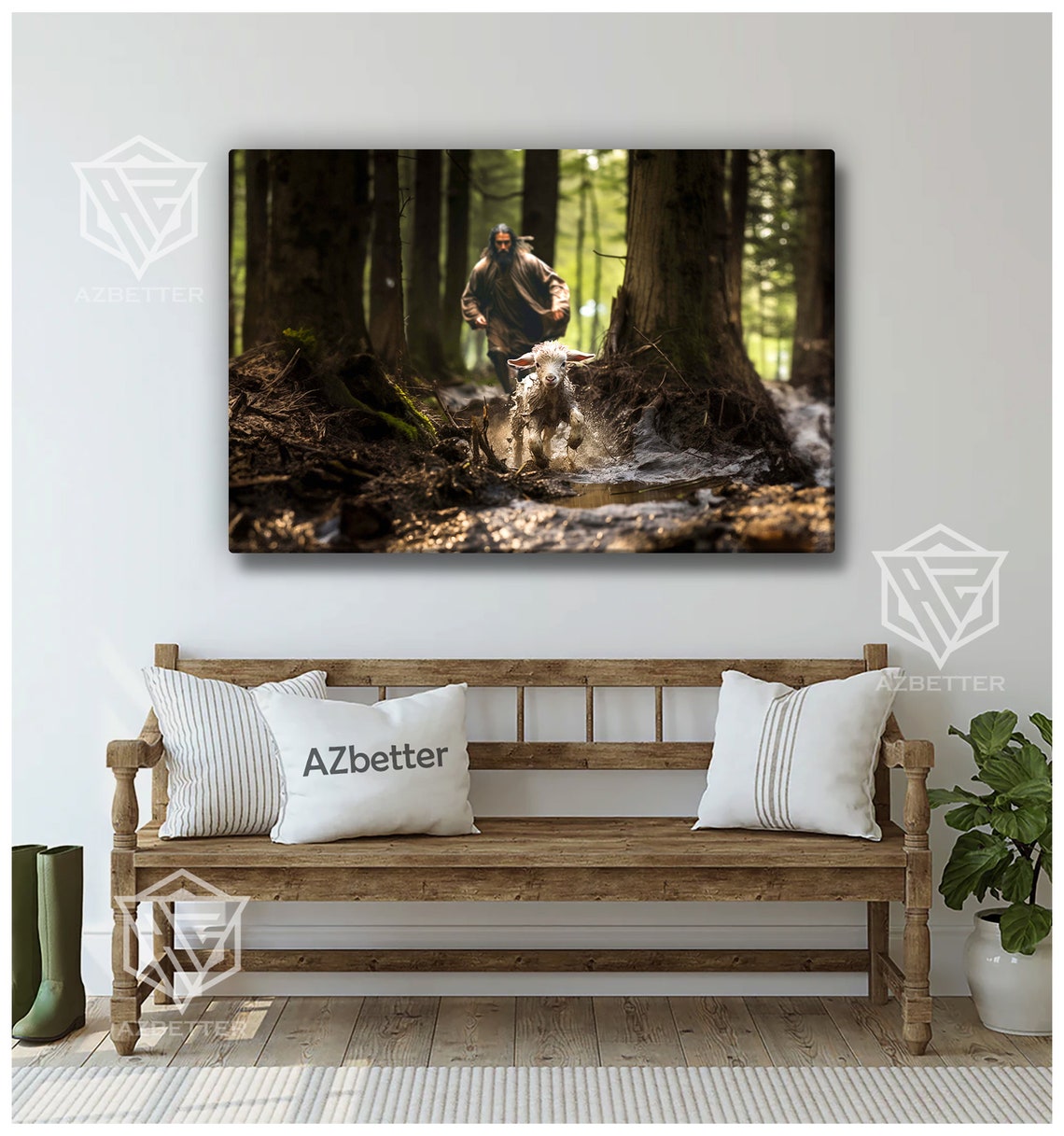 Jesus Running After Lost Lamb Good Shepherd Forest Rescue Art Poster - Image 2