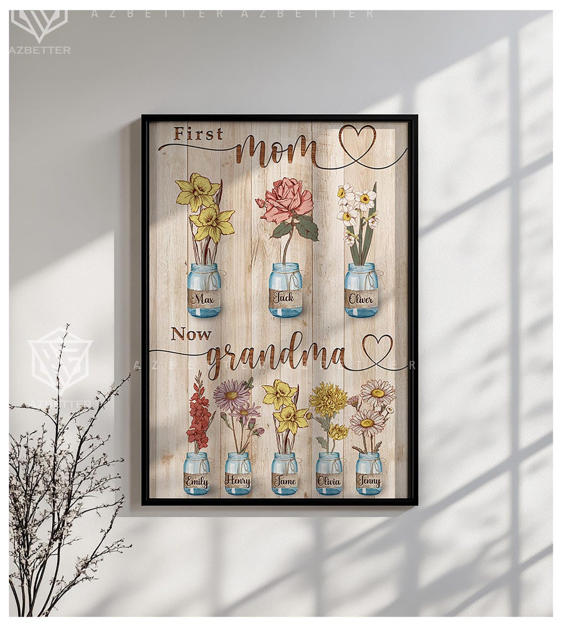 First Mom Now Grandma Birth Flower Mason Jar Family Keepsake Poster - Image 2