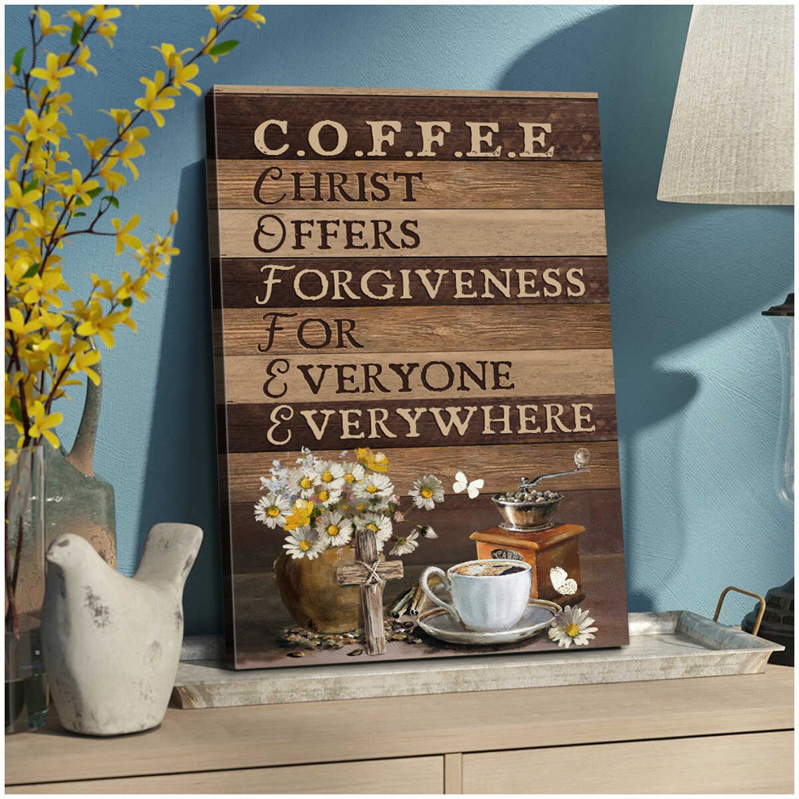 C.O.F.F.E.E. Christ Offers Forgiveness Rustic Cross Coffee Cup Poster