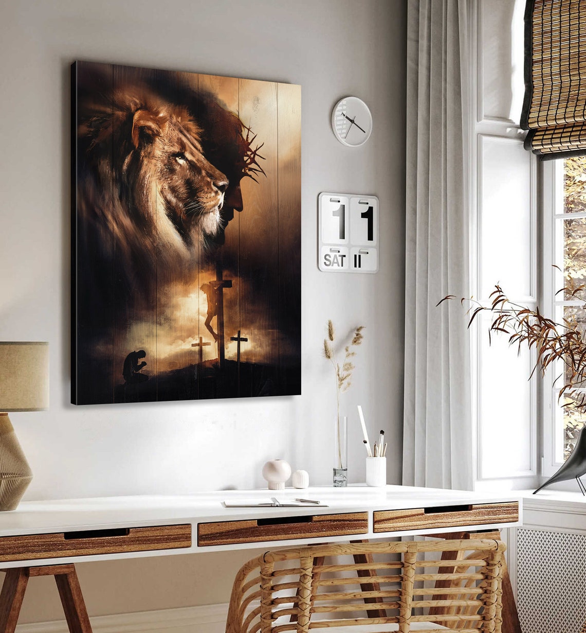 Lion And Jesus Art Painting God Wall Art Home Decor Gift For Christian Family Jesus Painting Lion Of Judad Praying With Jesus - Image 2