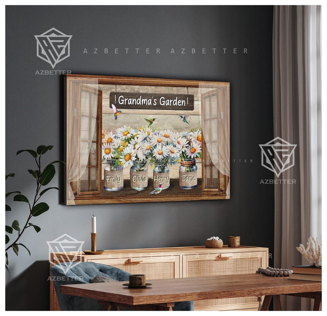 Grandma's Garden Rustic Window Daisy Jar Personalized Flower Poster - Image 2