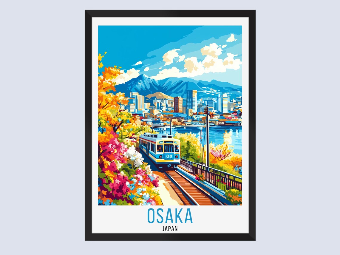 Osaka Japan Tram City Skyline Bay Autumn Retro Travel Poster