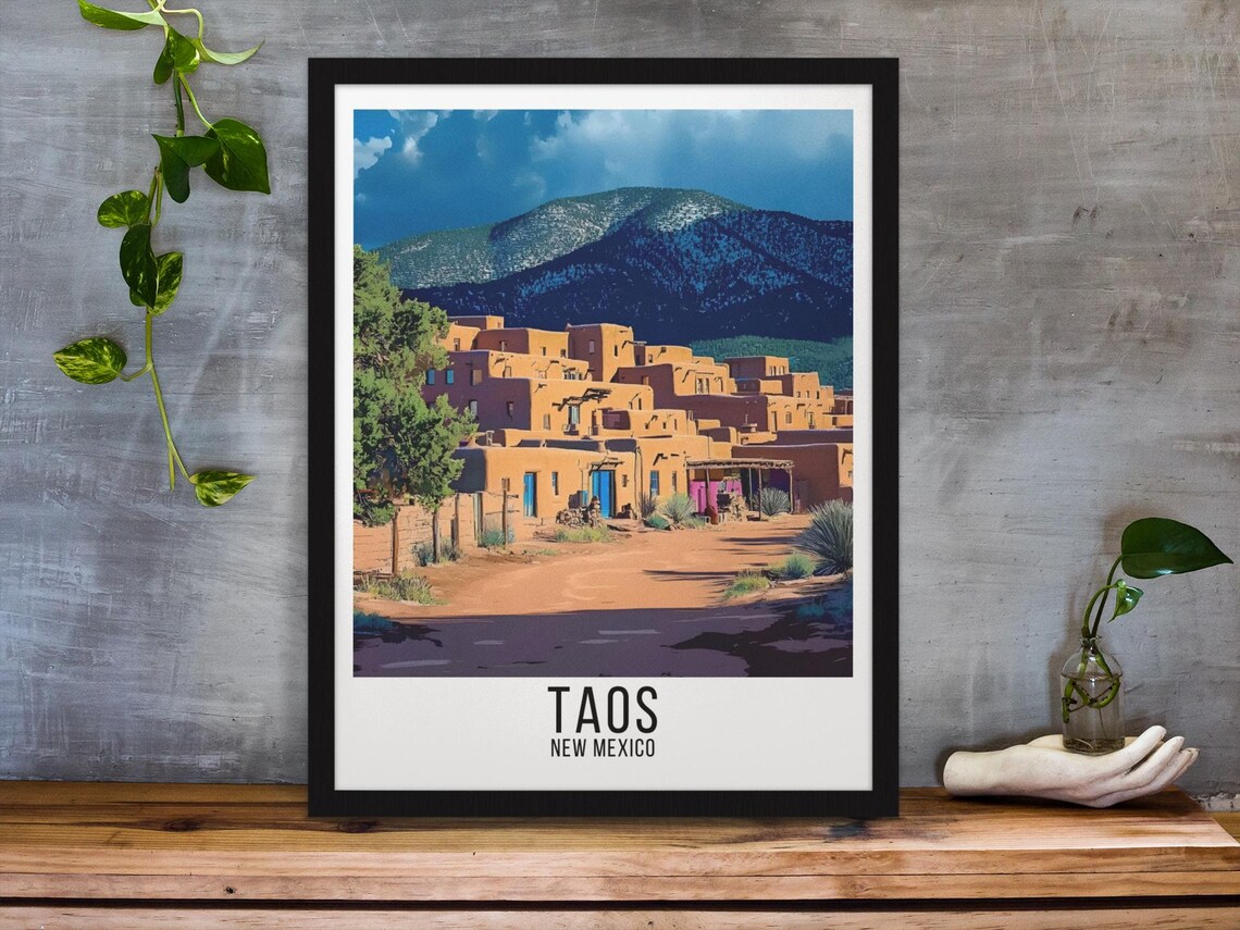 Taos New Mexico Pueblo Adobe Village Mountain Vintage Poster