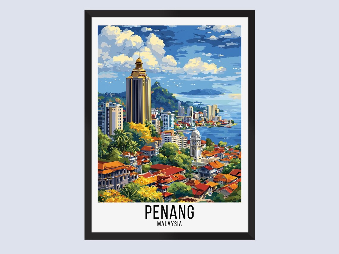 Penang Malaysia George Town Skyline Bay Vintage Travel Poster