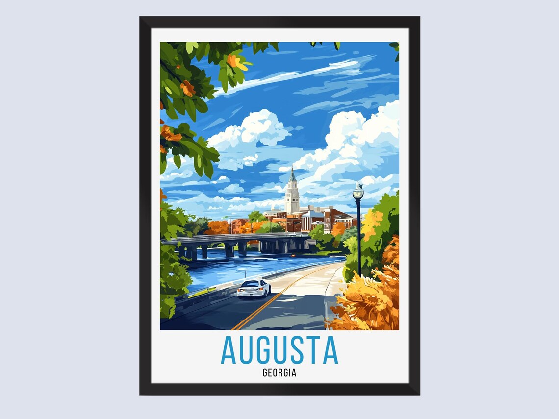 Augusta Georgia Travel Poster River Bridge City Skyline Vintage Art