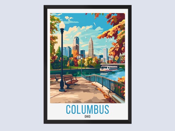 Columbus Ohio Riverside Skyline Autumn Park Fall Travel Poster