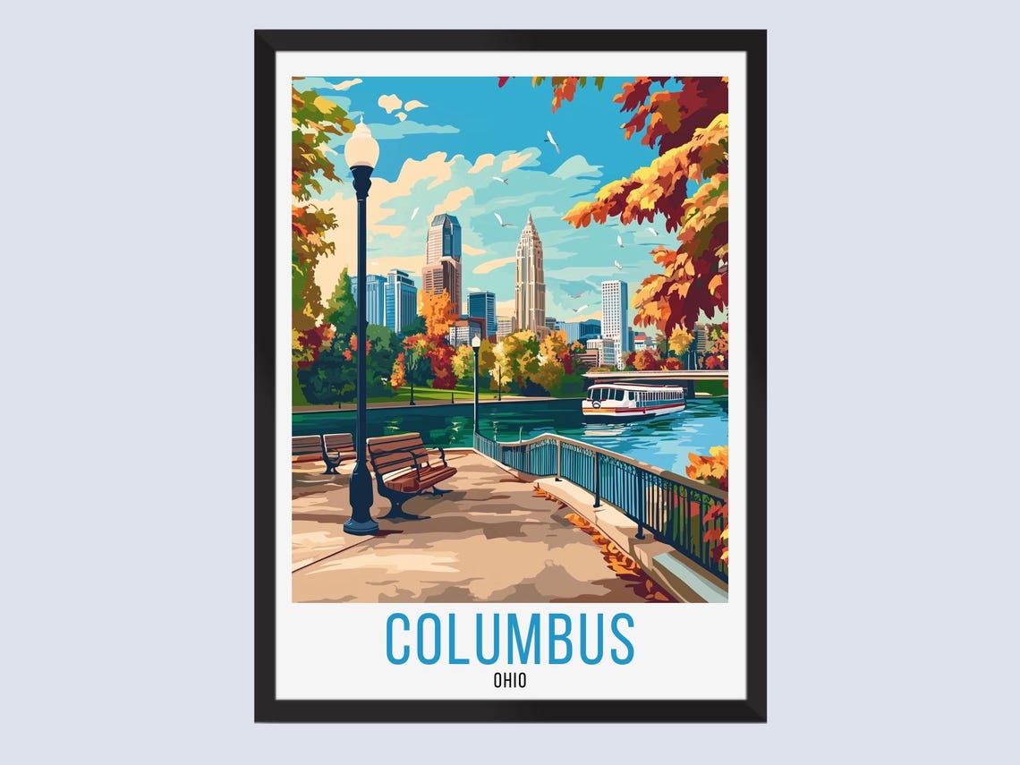 Columbus Ohio Riverside Skyline Autumn Park Fall Travel Poster