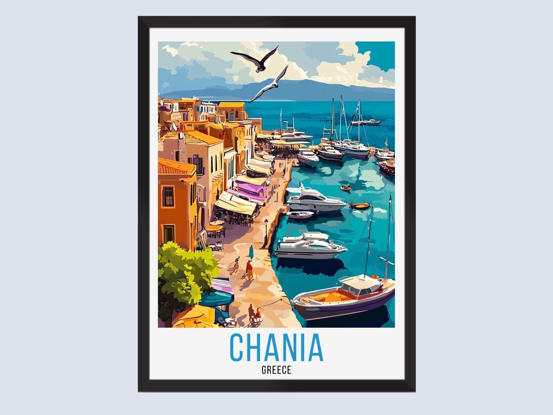 Chania Greece Marina Seagulls Waterfront Retro Travel Poster