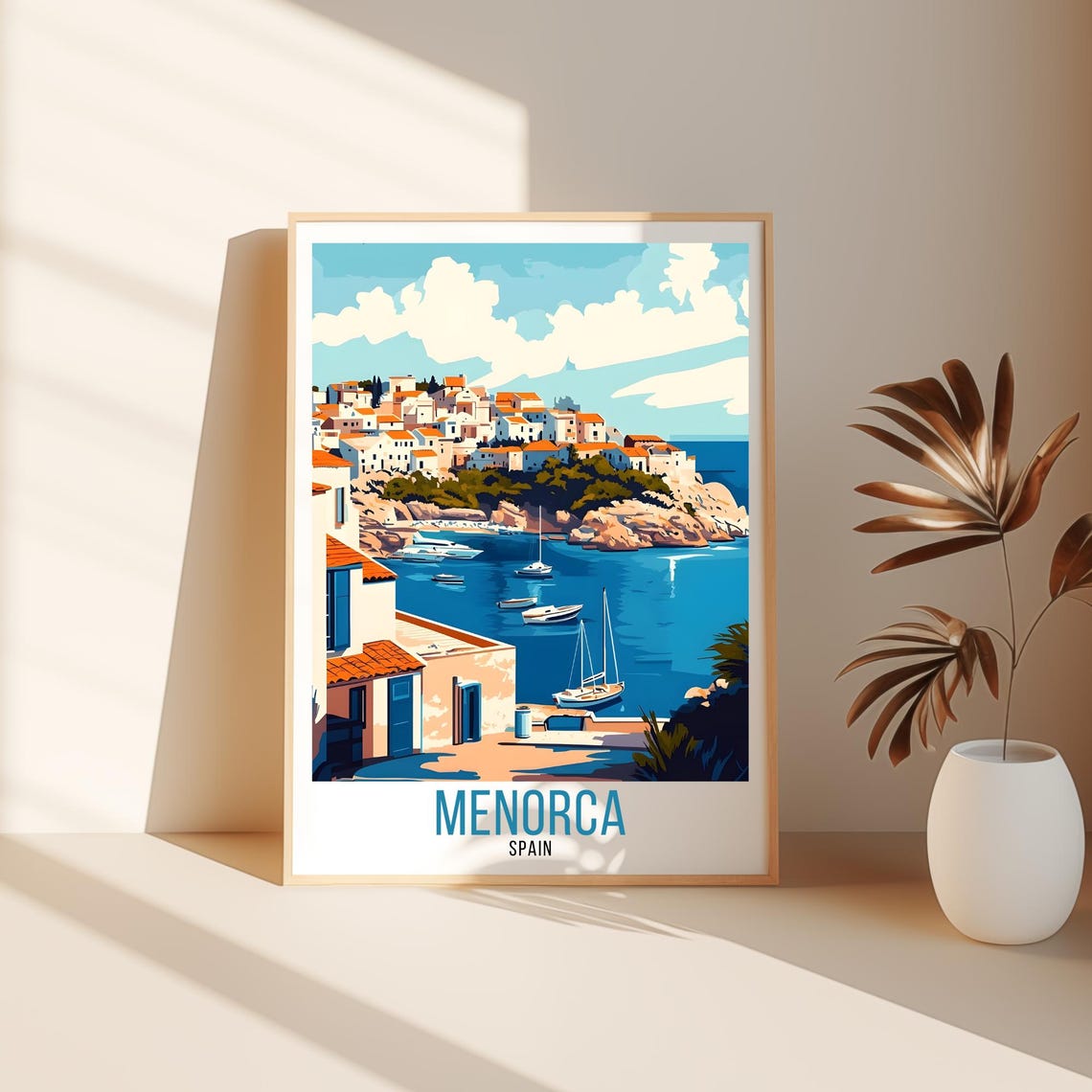 Menorca Spain Harbor Whitewashed Town Boats View Vintage Poster