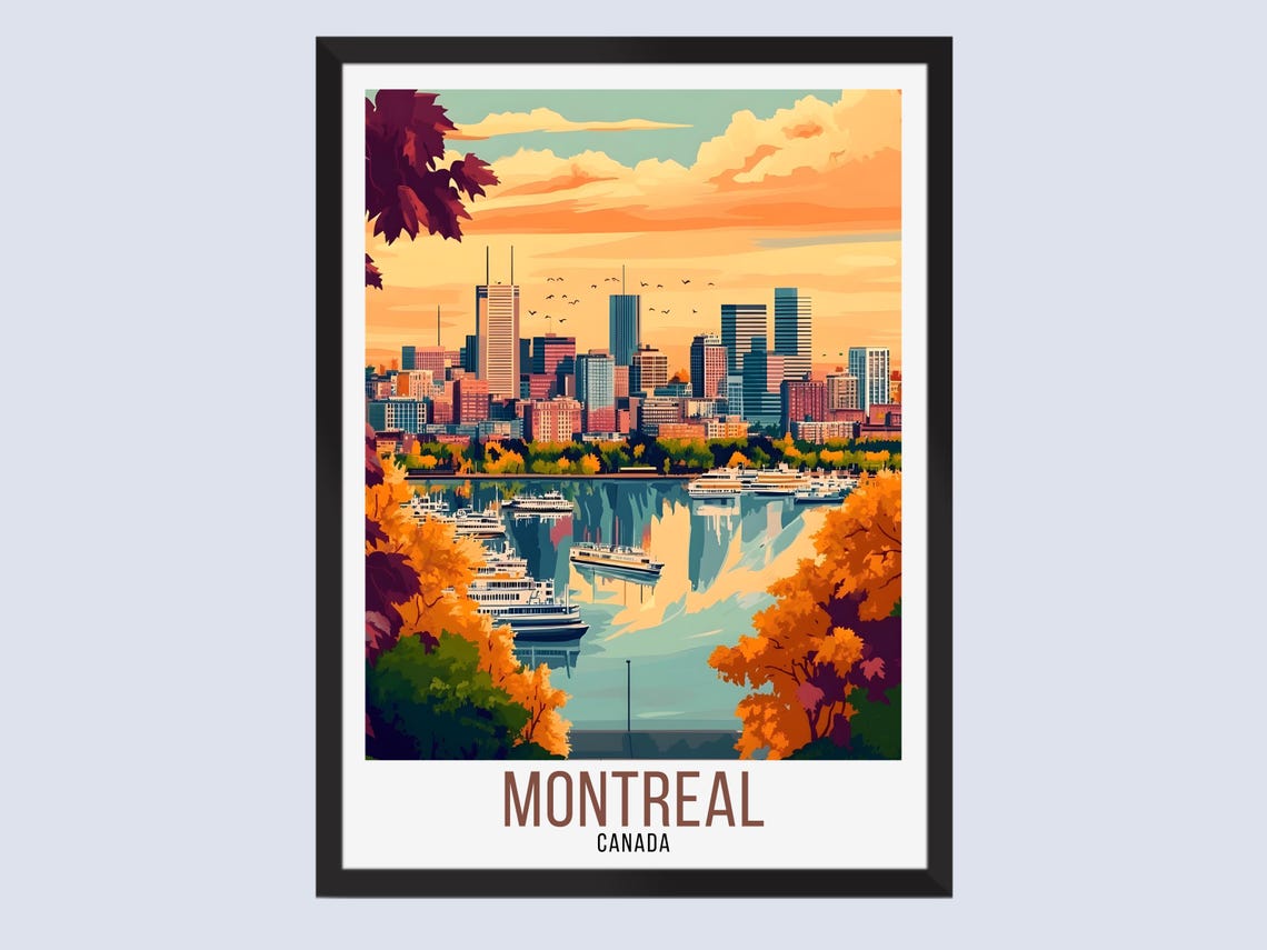 Montreal Canada Skyline Sunset Waterfront Autumn Vintage Poster