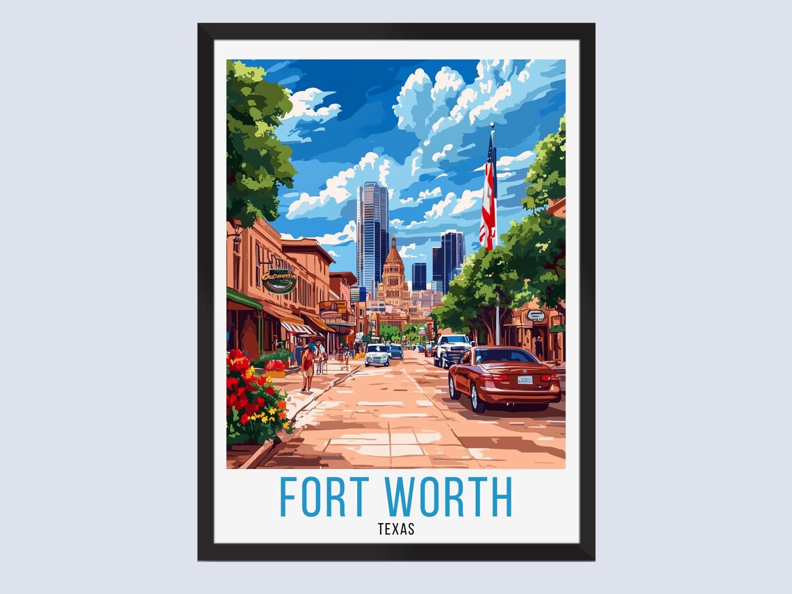 Fort Worth Texas American Flag Street Scene Retro Travel Poster Texas Pride Decor