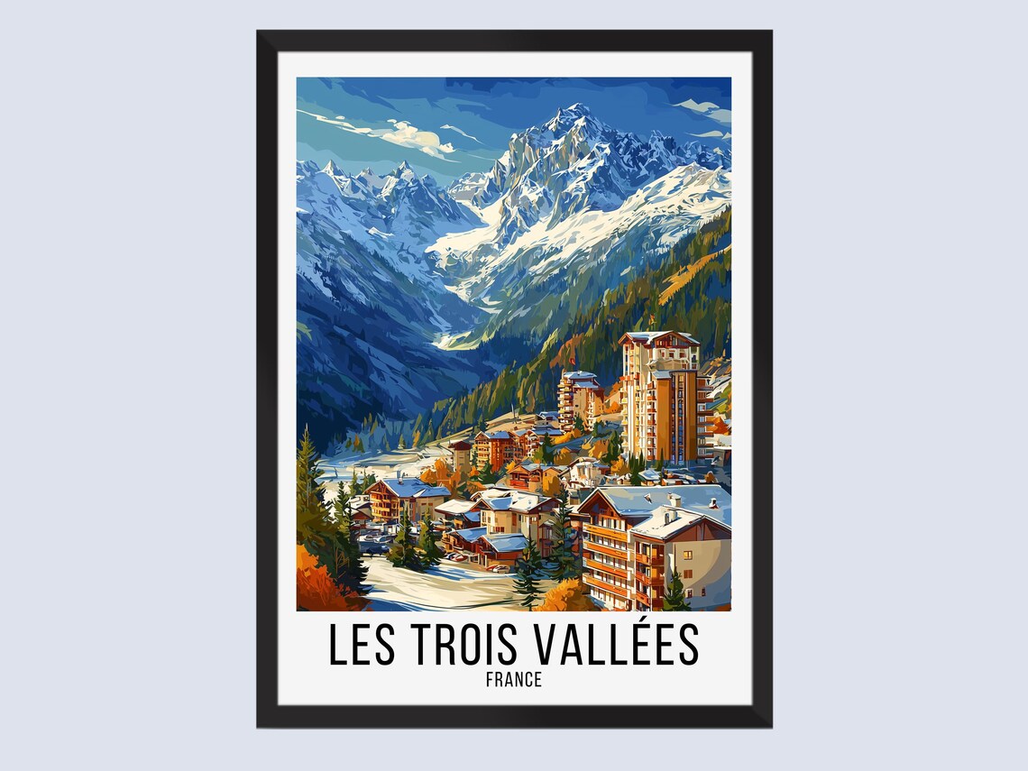 Les Trois Vallées France Snowy Alpine Ski Resort Travel Poster