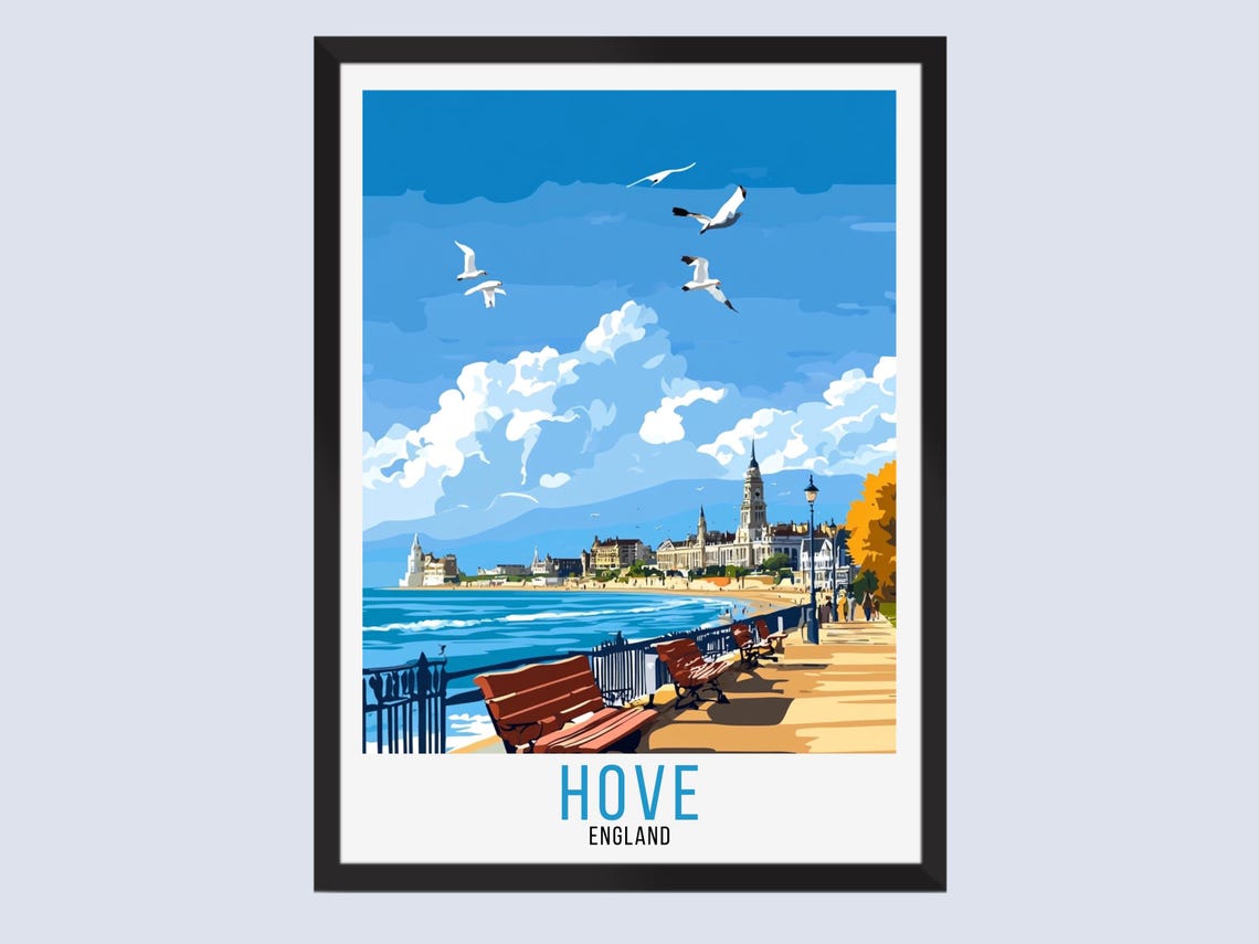 Hove England Seafront Promenade Seagulls Scene Vintage Poster