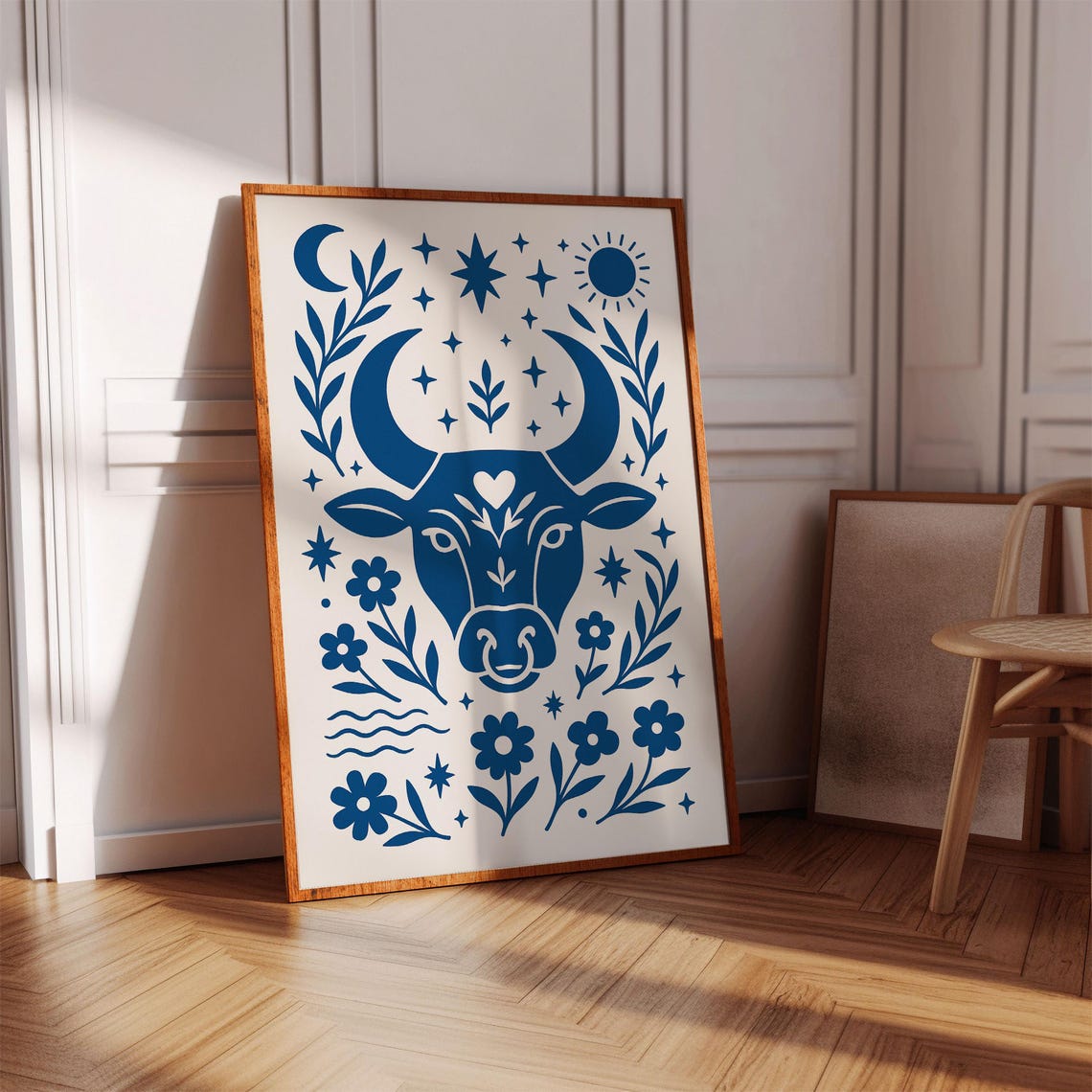 Taurus Zodiac Bull Blue Folk Art Mystical Celestial Gift Poster