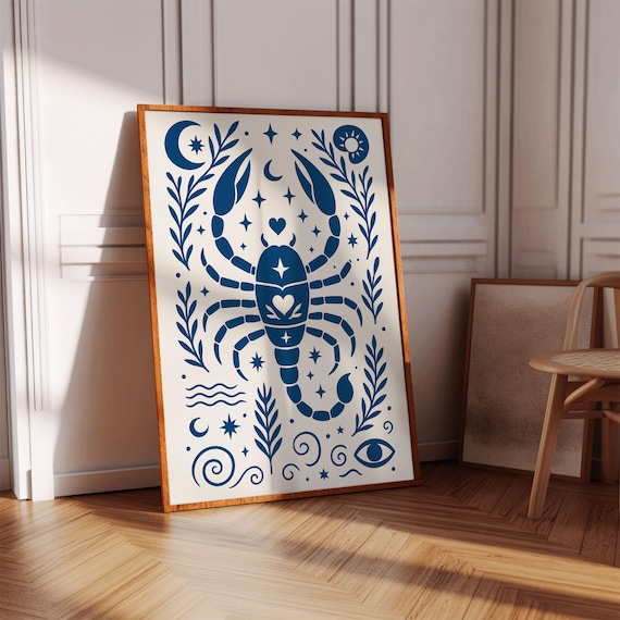 Scorpio Zodiac Blue Folk Style Art Print