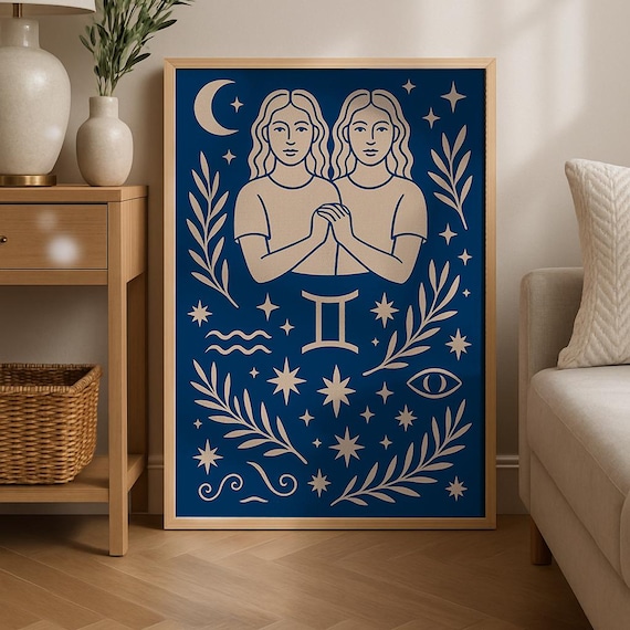 Gemini Zodiac Art Print Modern Mystic Twin Sisters Wall Decor Boho Celestial Illustration Gift For Astrology Lovers