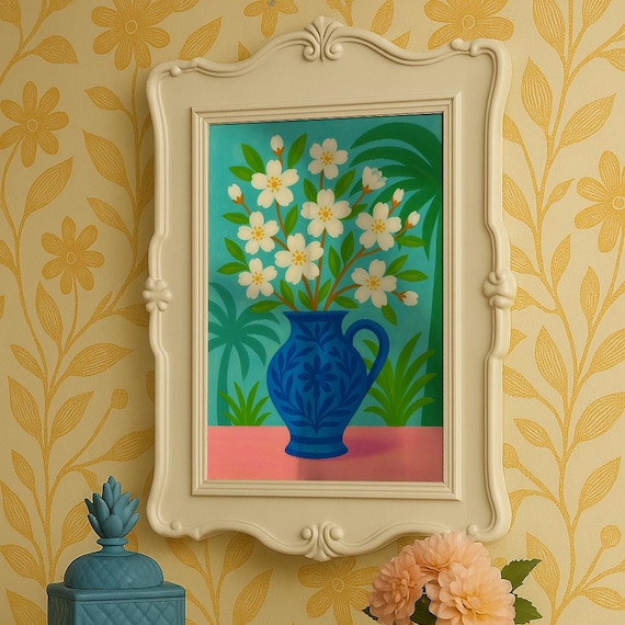 White Spring Blossoms Blue Folk Pitcher Floral Still Life Art Poster