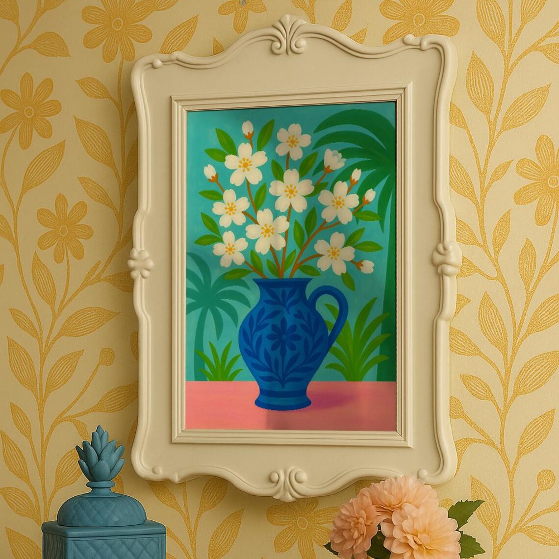 White Spring Blossoms Blue Folk Pitcher Floral Still Life Art Poster