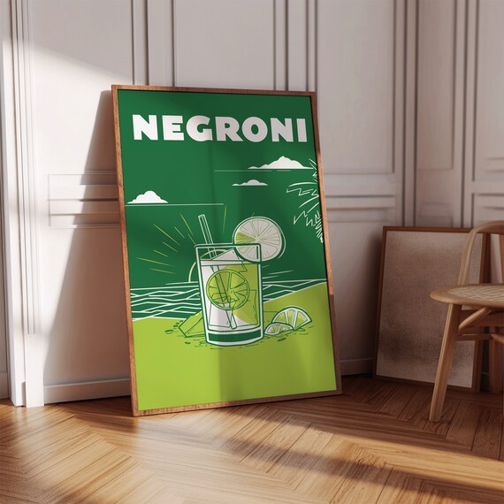 Negroni Cocktail Green Typography Poster Retro Bar Drink Wall Decor Art