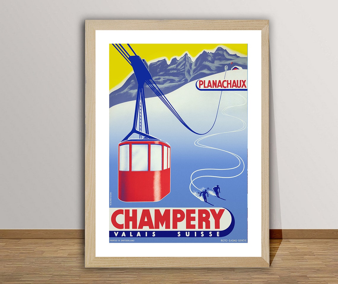 Champery Planachaux Valais Suisse Vintage Ski Cable Car Poster