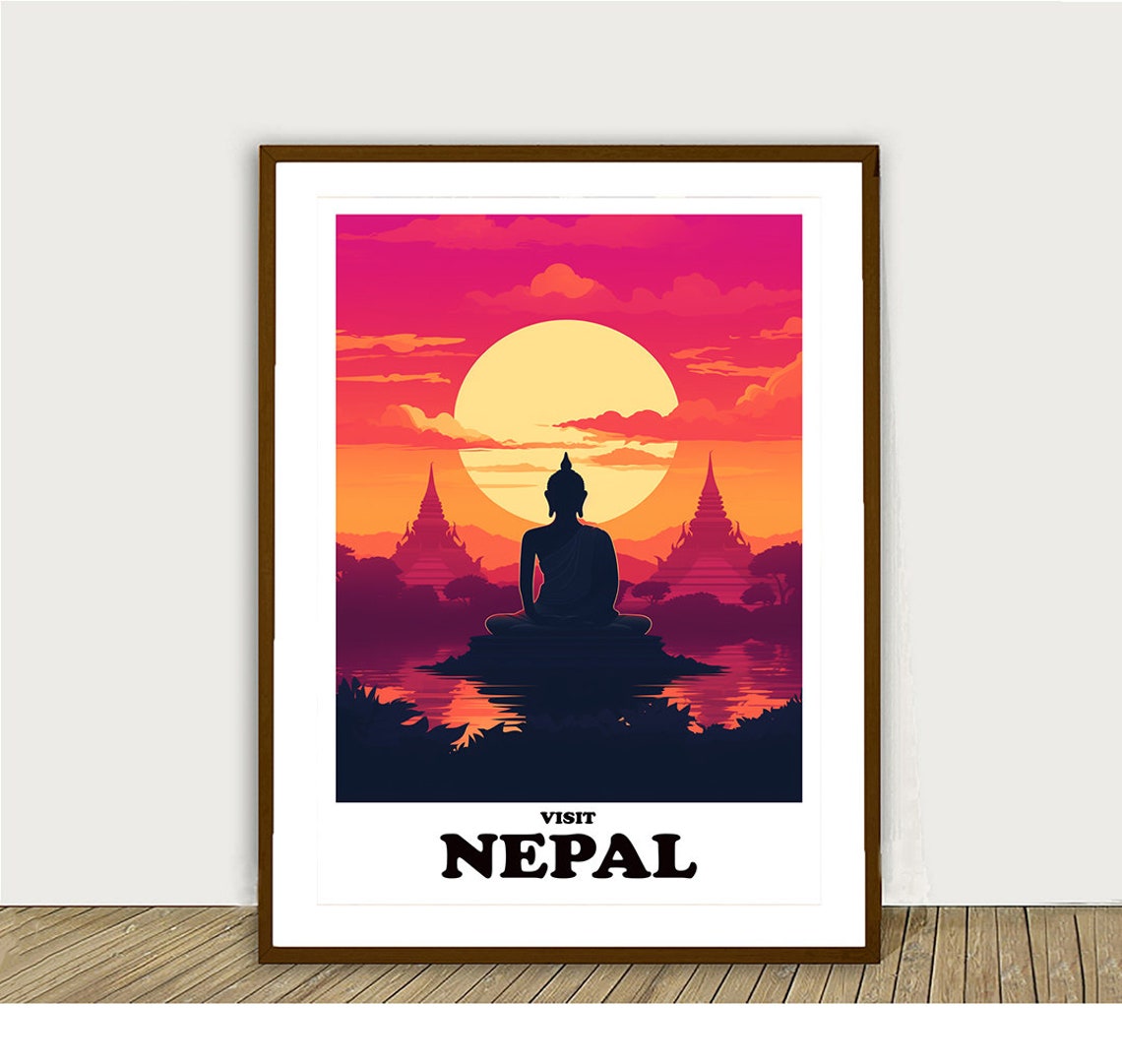 Visit Nepal Buddha Sunset Temples Orange Sky Himalayan Travel Poster - Image 2