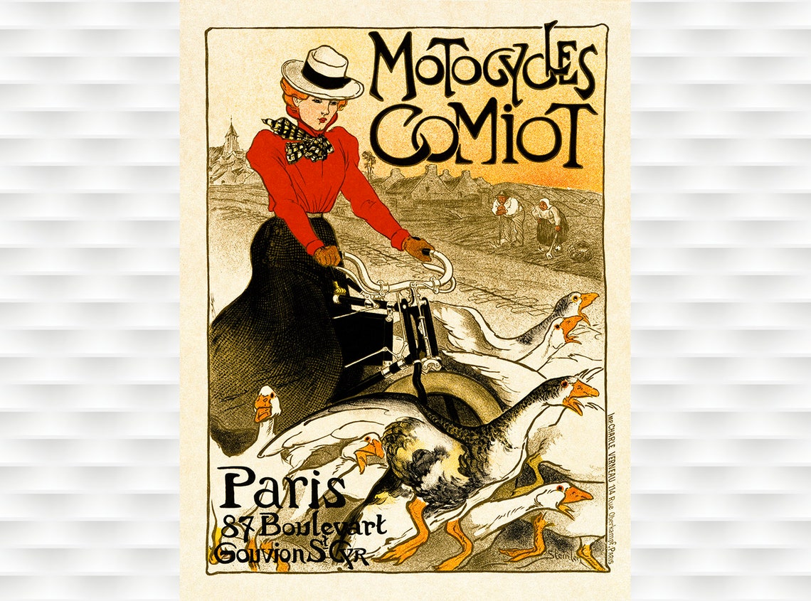 Motocycles Comiot Paris Woman Geese Steinlen Vintage Ad Poster