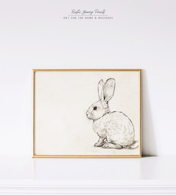 Antique Rabbit Sketch Wall Art Vintage Print Cottagecore Nursery Art Cute Bunny Minimalist Neutral Instant