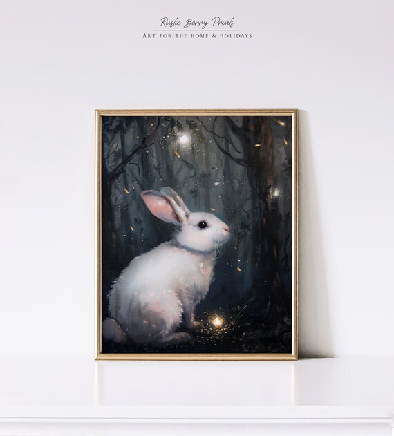 Rabbit Fireflies Forest Whimsical Art Print Wall Art Dark Moody Cottagecore Academia Vintage Print