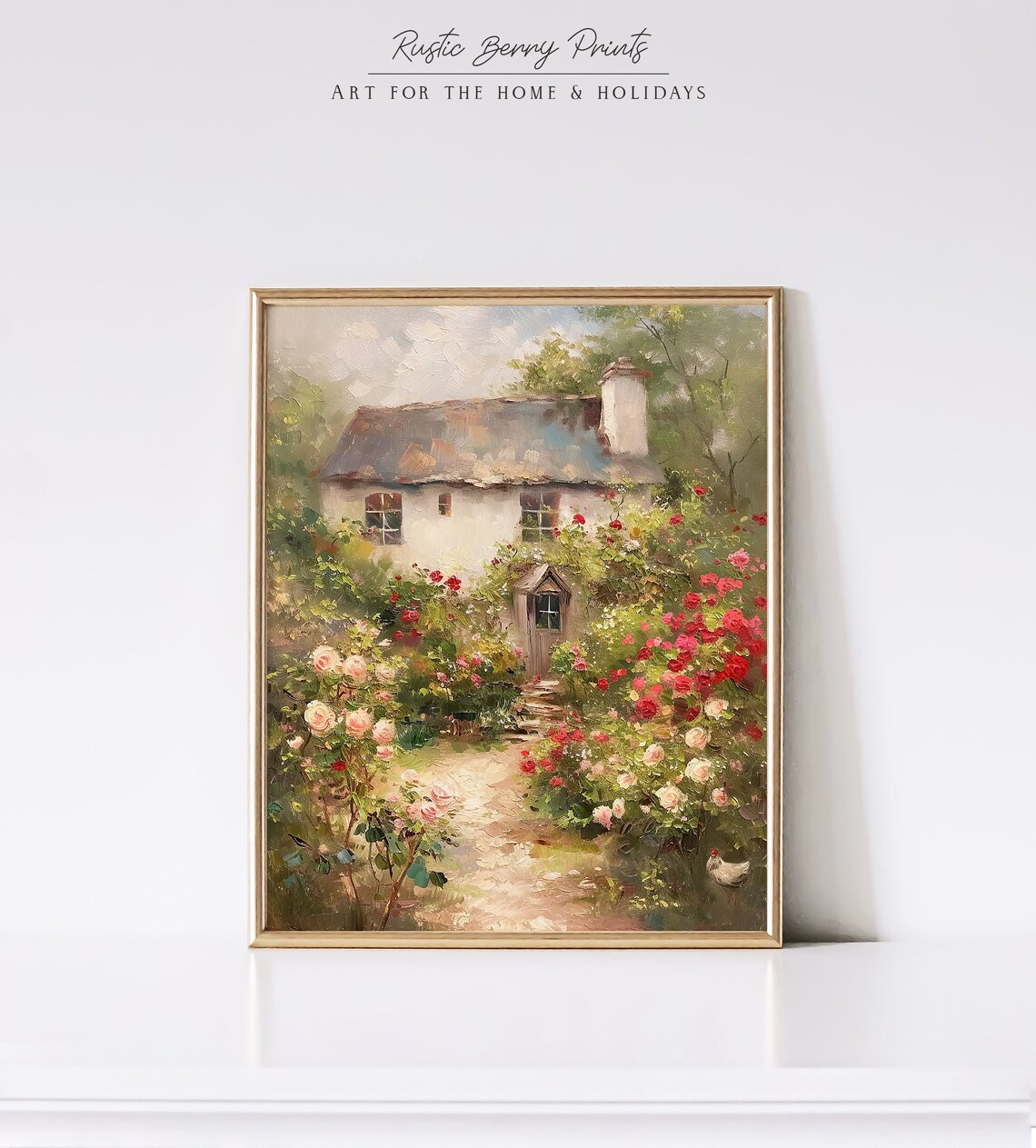 Thatched Rose Cottage Garden Path Red Roses Country Oil Painting Print