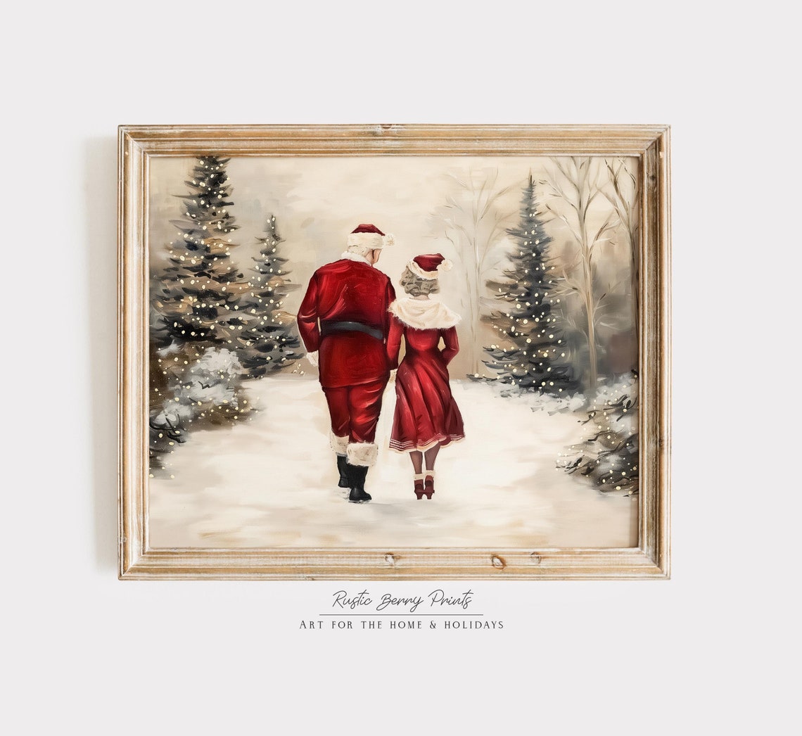 Santa Mrs Claus Walking Away Lit Christmas Tree Grove Winter Poster