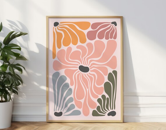Matisse Inspired Abstract Coral Grey Flowers Modern Art Poster