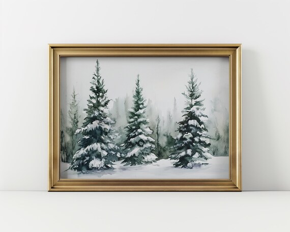 Watercolor Snowy Pine Forest Winter Landscape Cozy Holiday Art Print