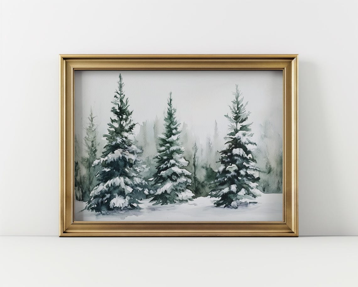 Watercolor Snowy Pine Forest Winter Landscape Cozy Holiday Art Print