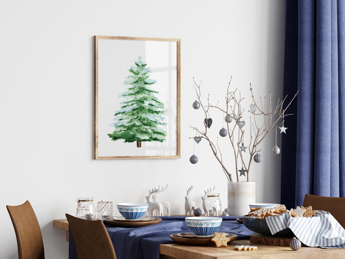 Watercolor Snowy Fir Tree Soft Green Minimalist Christmas Wall Art - Image 2