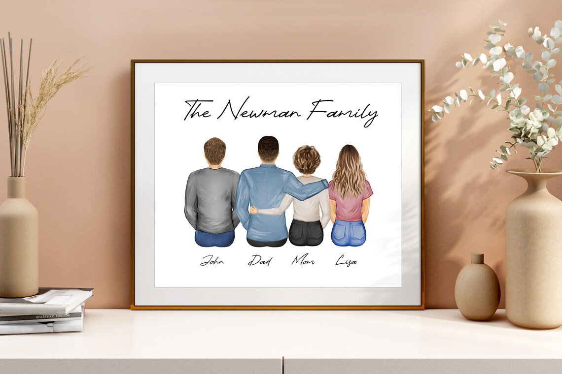 Personalized Four Person Family Rear View Custom Portrait Poster