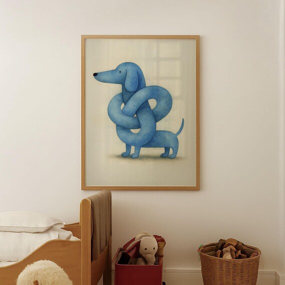Whimsical Blue Dachshund Knotted Body Funny Dog Kids Watercolor Poster