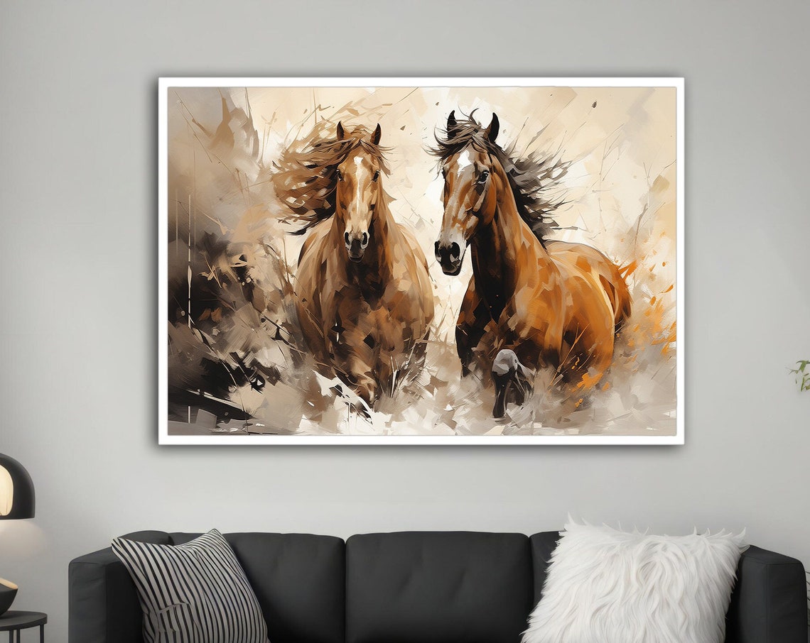 Two Brown Horses Running Painting Galloping Mane Dynamic Wall Poster