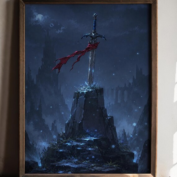Moonlit Fantasy Sword Wall Poster Crimson Ribbon Medieval Blade Art Dark Mystic Castle Decor