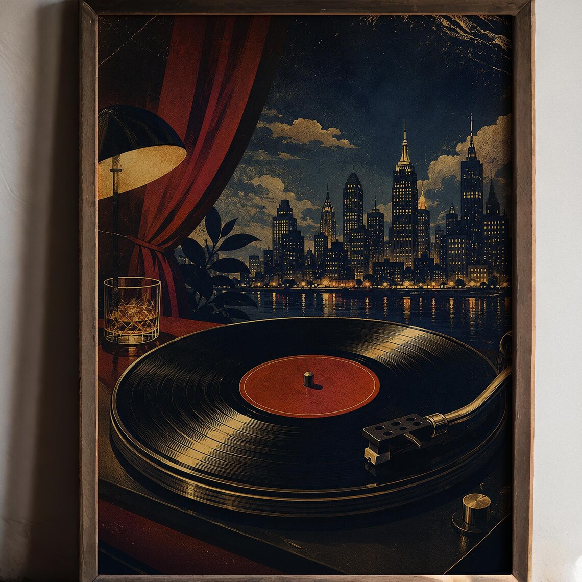 Retro Vinyl Record Player Cityscape Poster Print