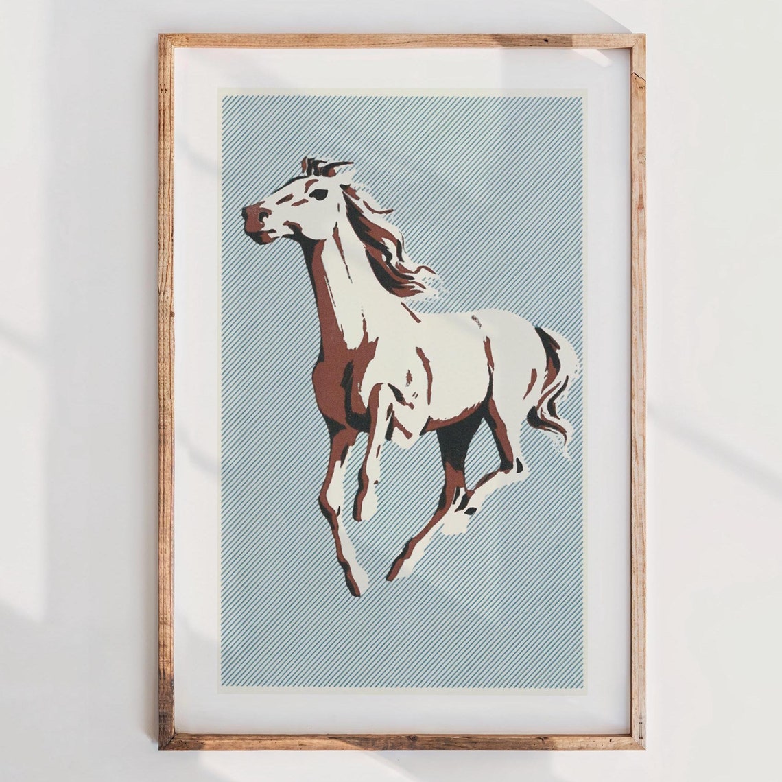 Running Horse Retro Equestrian White Stallion Blue Print Poster