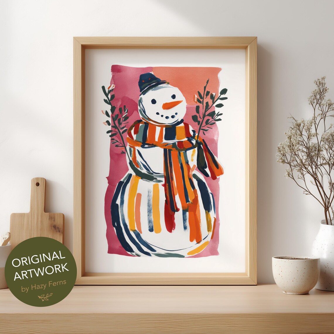 Abstract Snowman Holiday Poster, Colorful Gouache Winter