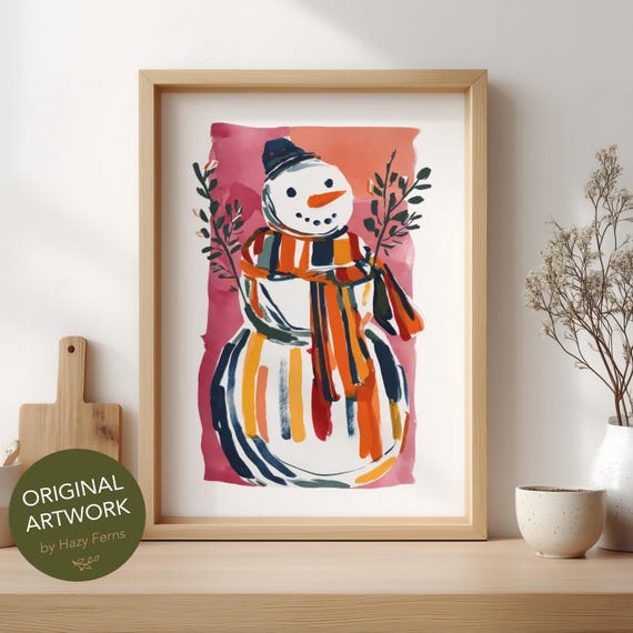 Abstract Snowman Holiday Poster, Colorful Gouache Winter