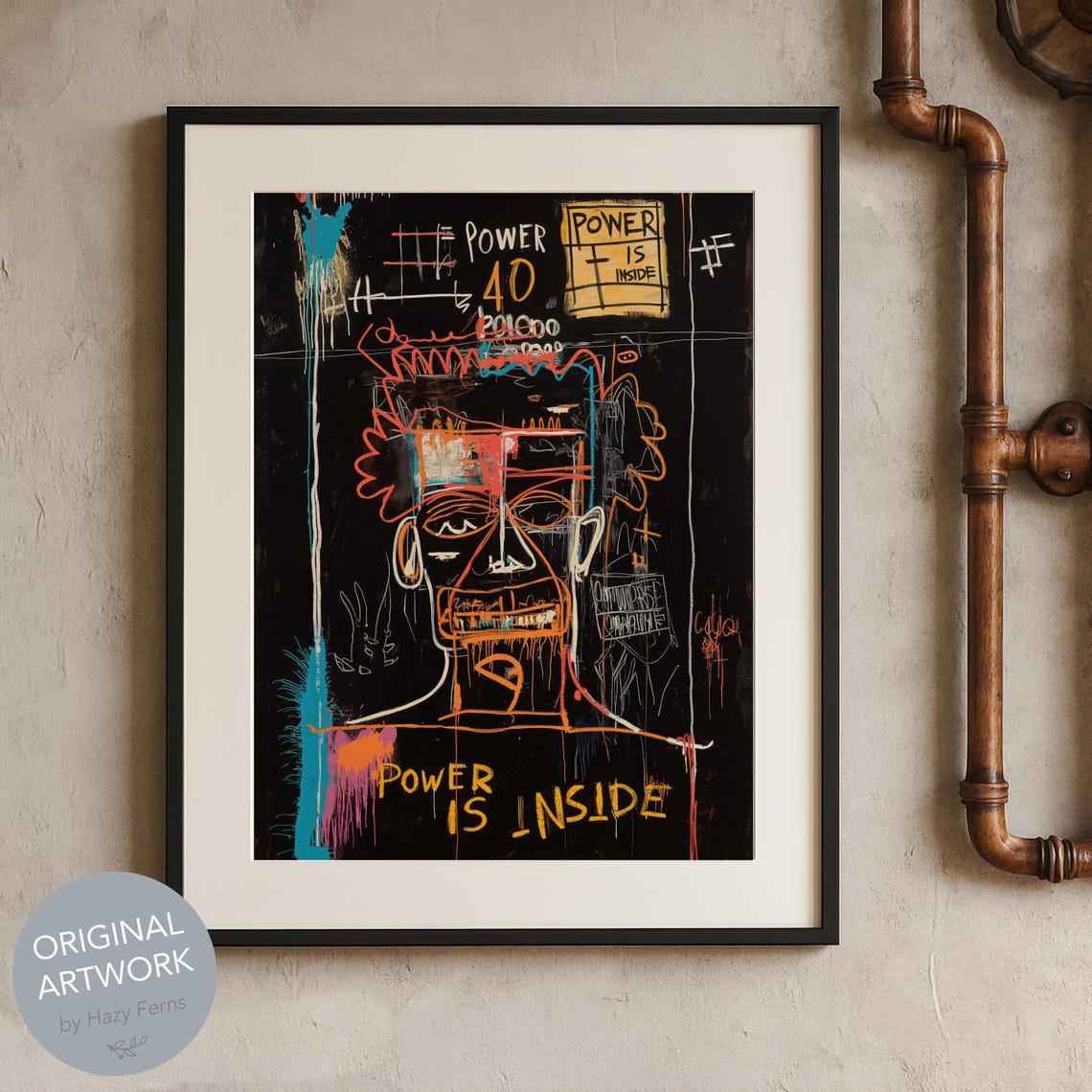 Power Is Inside Graffiti Poster Basquiat Inspired Neon Face Urban Art