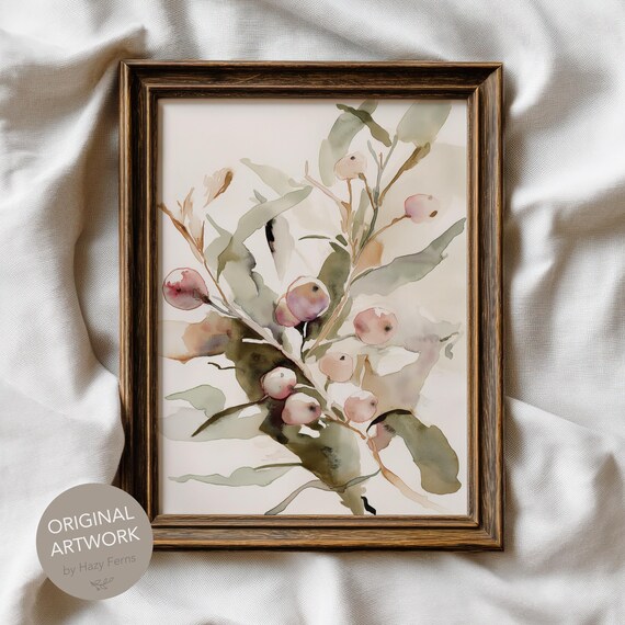 Pastel Berry Branch Watercolor Botanical Print in Neutral Tones