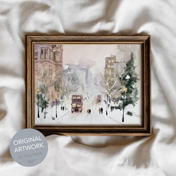 Cosy Winter London Snowy Street Red Buses Watercolor Art Poster
