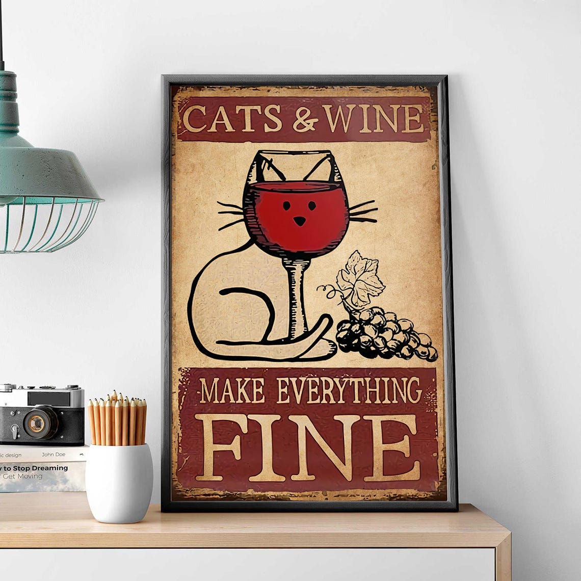 Cats And Wine Make Everything Fine Cat Wine Glass Art Poster - Image 3