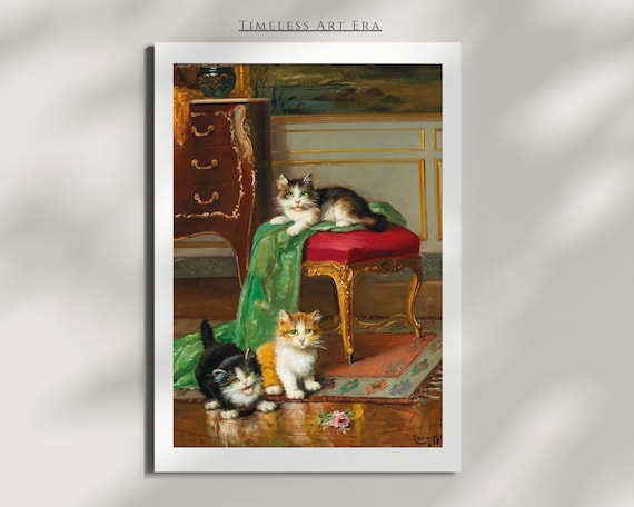 Three Kittens In Elegant French Salon Vintage Painting Poster